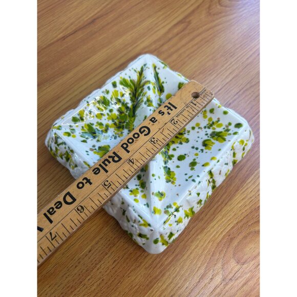 Drip glaze pottery ashtray vintage ceramic square white and green splatter - Picture 3 of 3